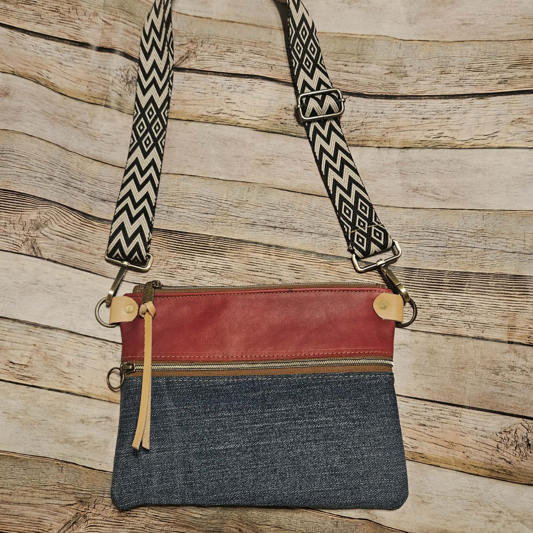 repurposed denim and red leather crossbody, vegetable leather accents, antique hardware, handmade leather crossbody bag