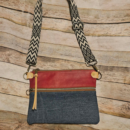 repurposed denim and red leather crossbody, vegetable leather accents, antique hardware, handmade leather crossbody bag