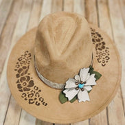 laser burned large brim hat, hibiscus flower and leopard burned hat, leather flower hat leather banded hat, handmade hat