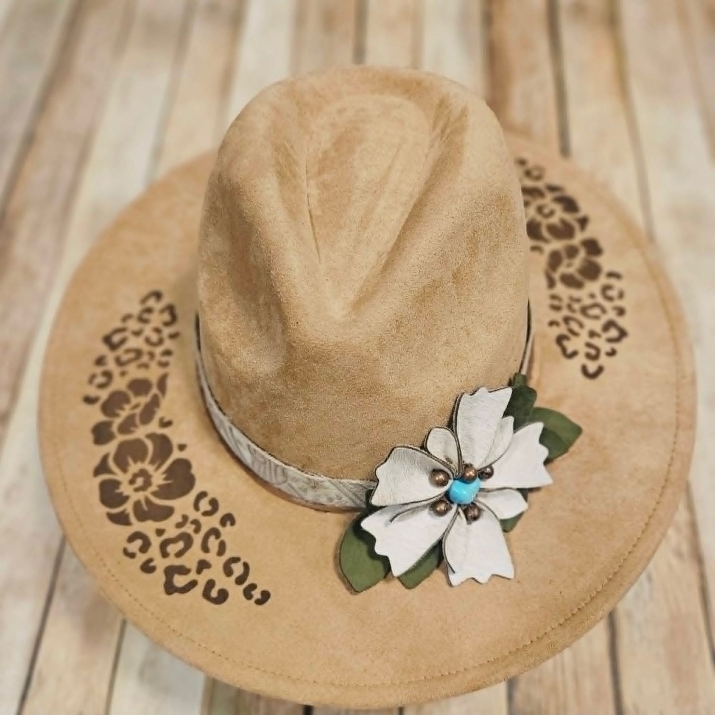 laser burned large brim hat, hibiscus flower and leopard burned hat, leather flower hat leather banded hat, handmade hat