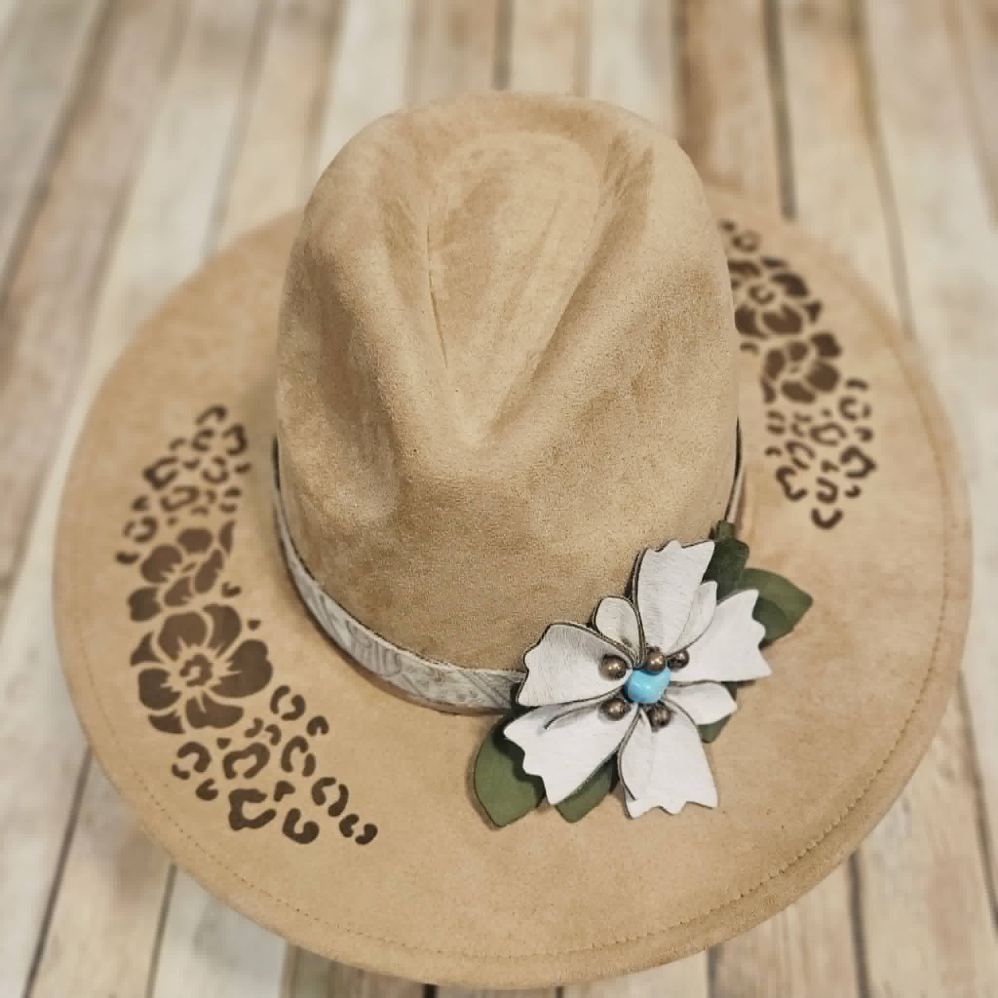 laser burned large brim hat, hibiscus flower and leopard burned hat, leather flower hat leather banded hat, handmade hat