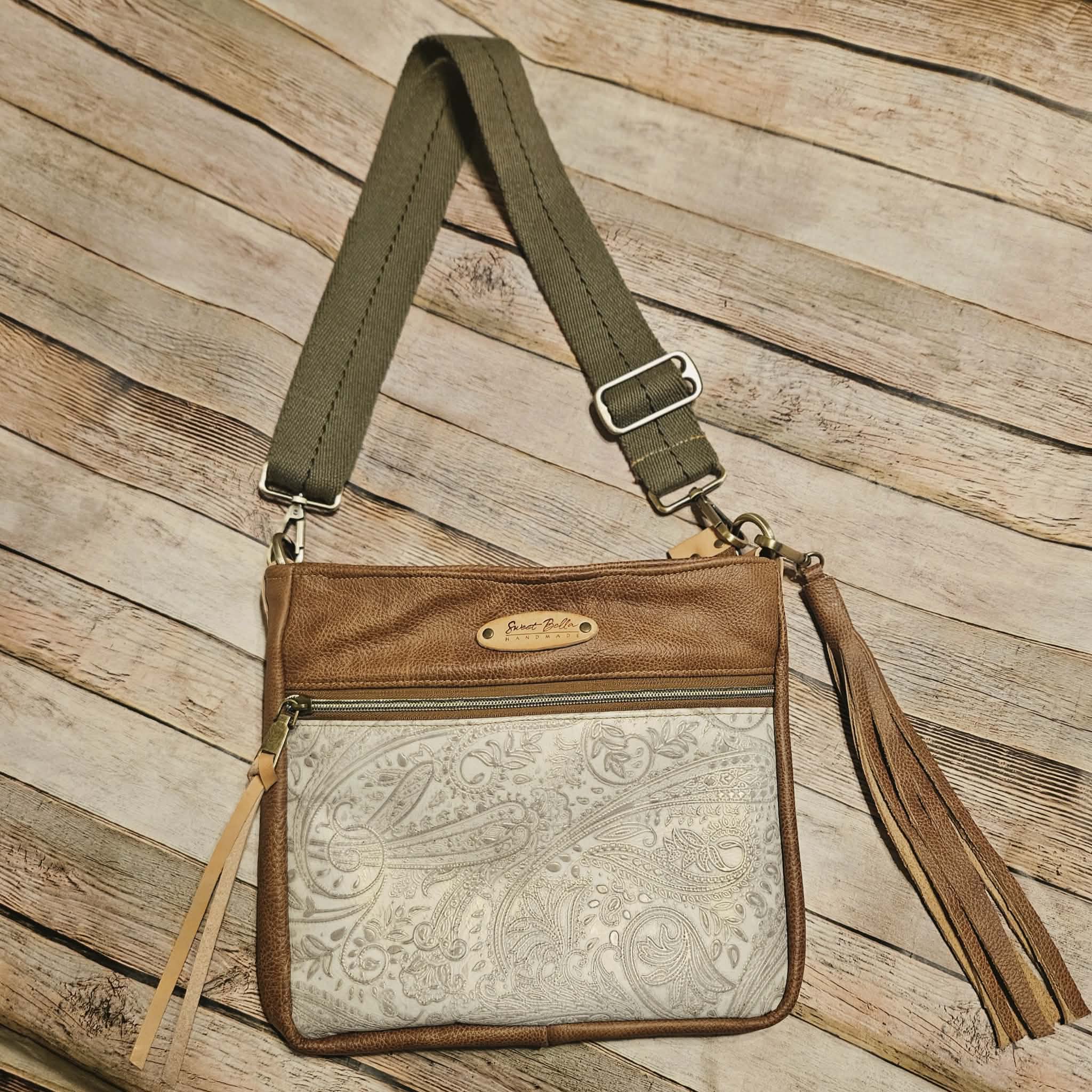 Linnie’s Camel & White Paisley Leather Crossbody – Handcrafted in Texas