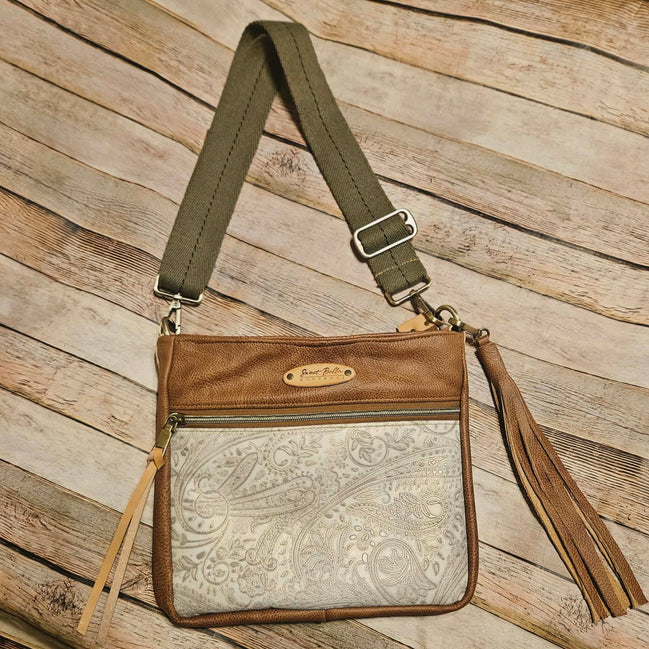 Linnie’s Camel & White Paisley Leather Crossbody – Handcrafted in Texas