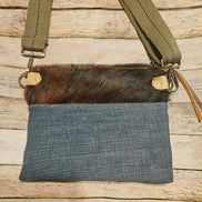 repurposed denim and fur on leather crossbody, vegetable leather accents, antique hardware, handmade leather crossbody bag