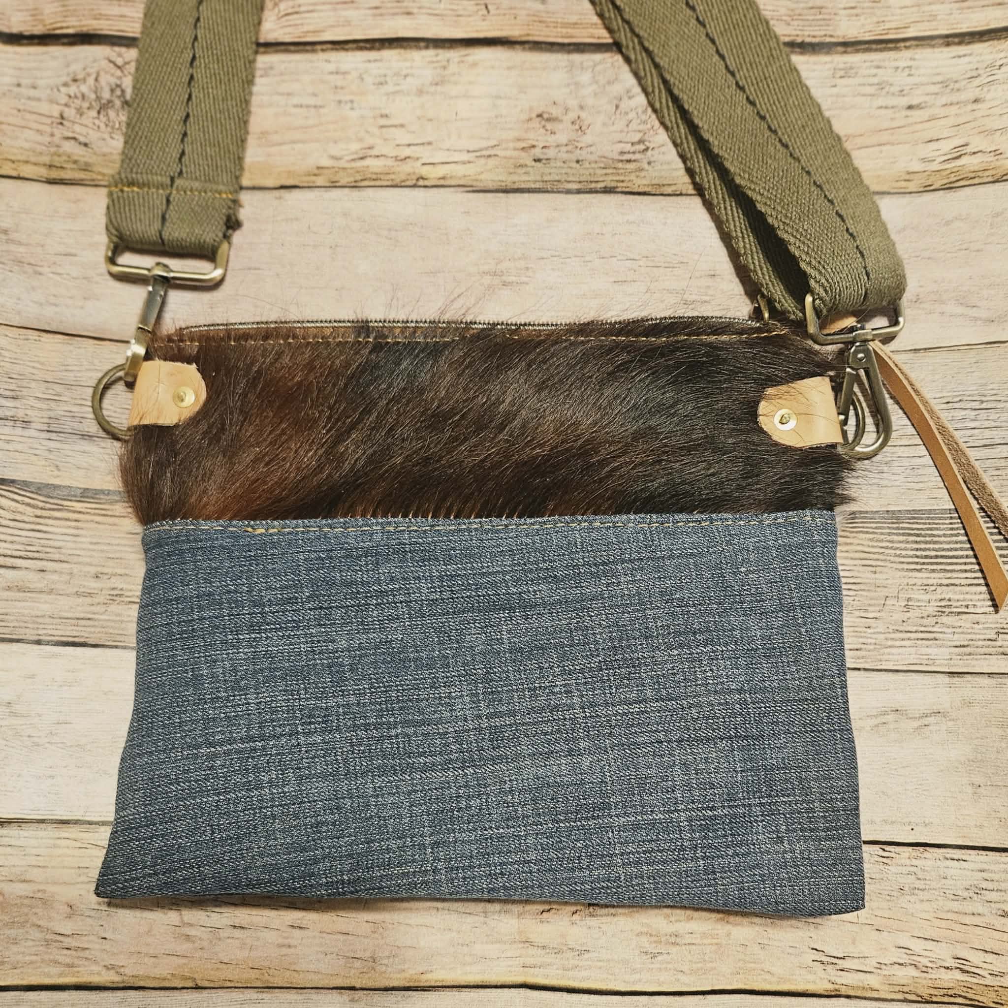 repurposed denim and fur on leather crossbody, vegetable leather accents, antique hardware, handmade leather crossbody bag