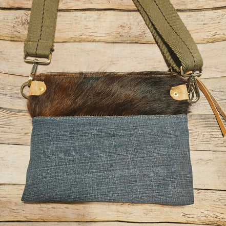 repurposed denim and fur on leather crossbody, vegetable leather accents, antique hardware, handmade leather crossbody bag