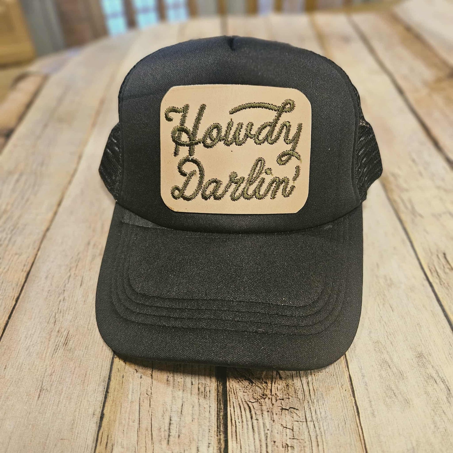 Embroidered Leather "Howdy Darlin" Patch Trucker Hat