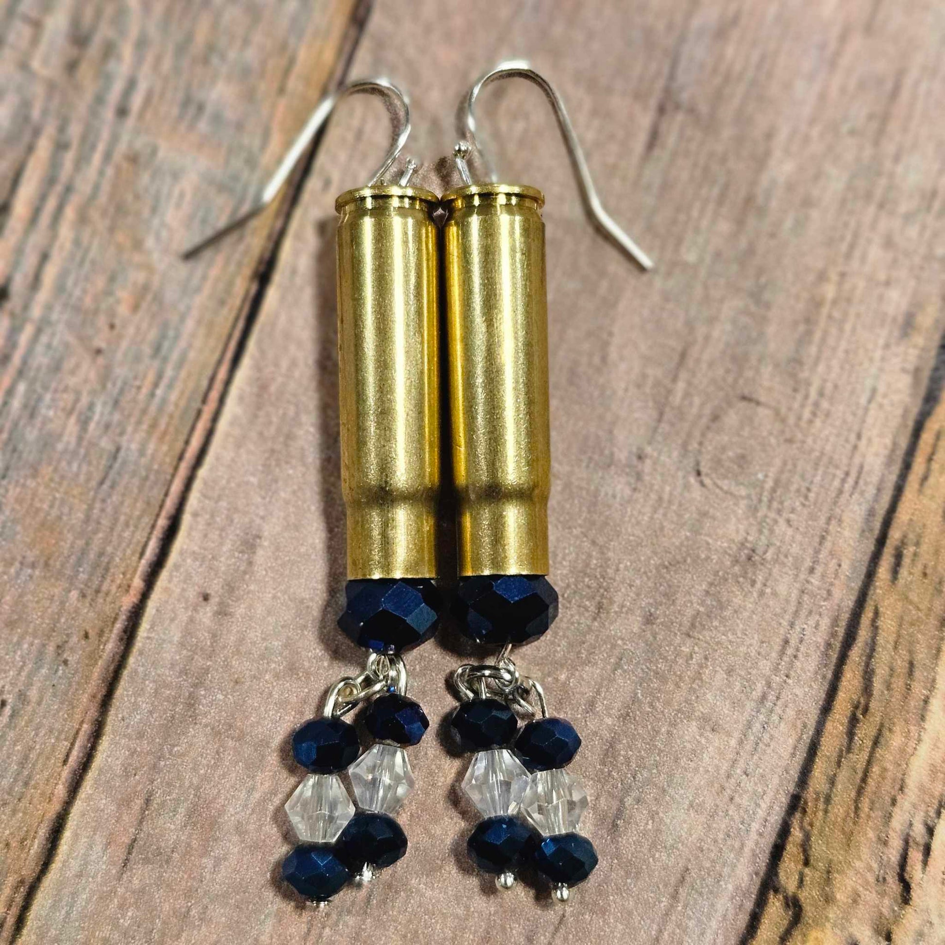 navy crystal ammo jewelry, ammo beaded earrings, silver earrings 