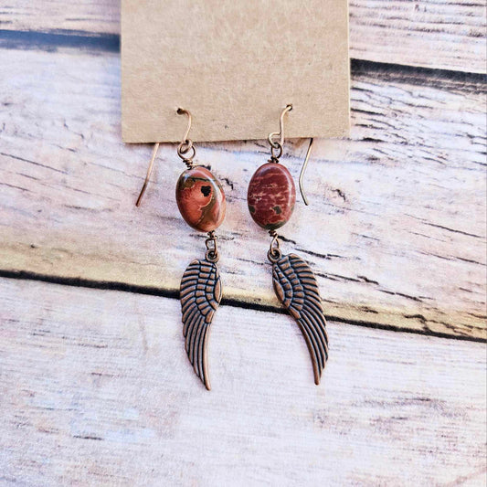 wire hook earrings  western earrings  rust bead earrings  jewelry  Copper earrings  copper angel wing earrings