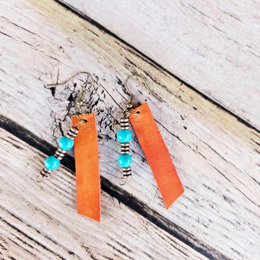 burnt orange leather, earrings, antique gold earrings, turquoise beads, handmade