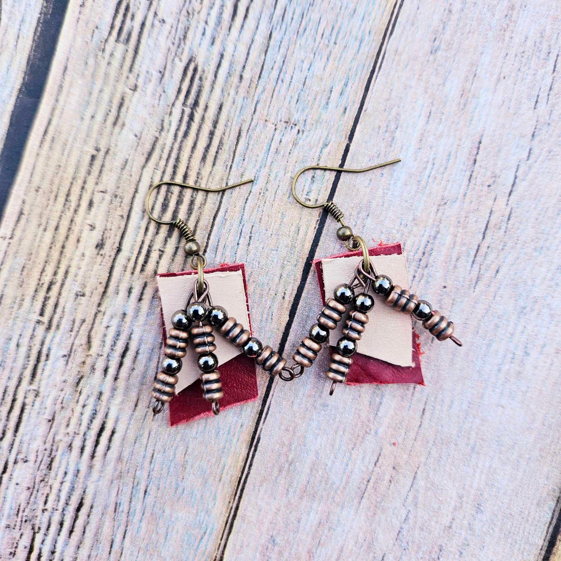 vegetable tan and red leather earrings, antique gold and gunmetal beads, handmade earrings