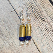 blue silver beaded earrings, ammo jewelry, navy beaded jewelry 