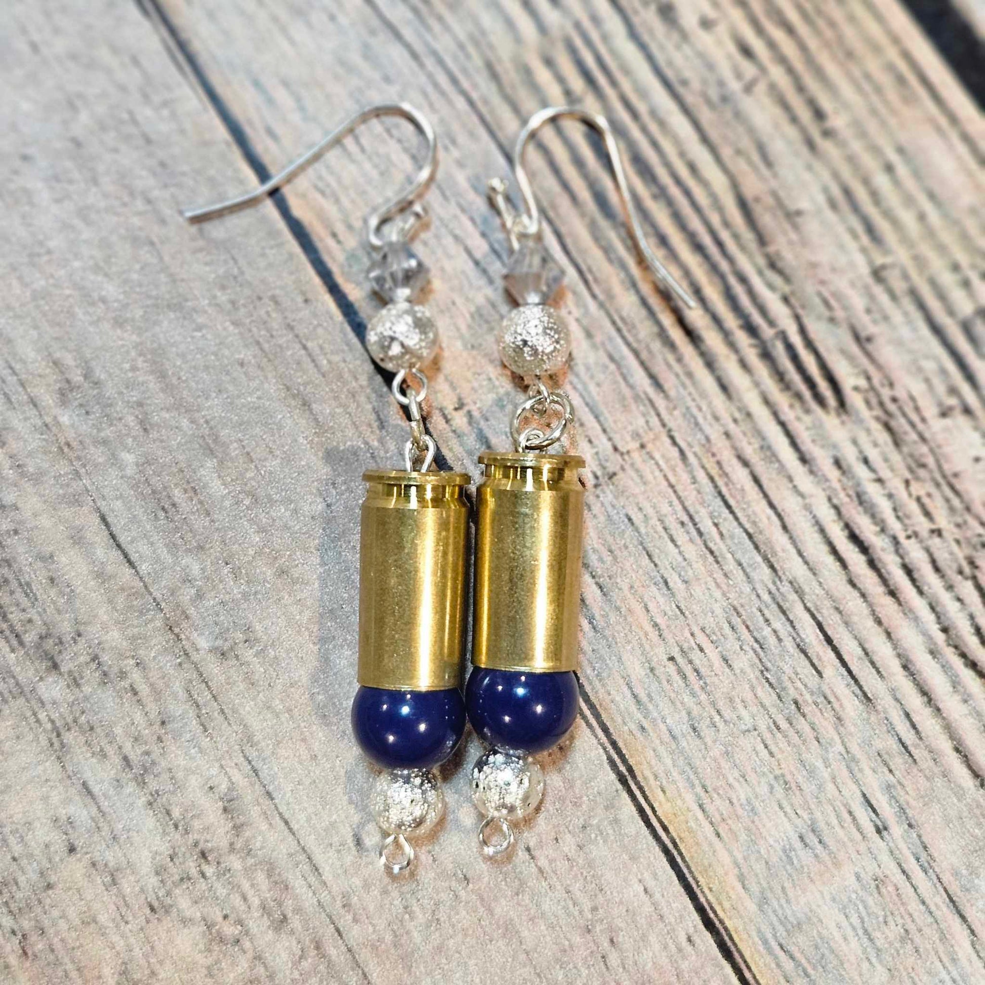 blue silver beaded earrings, ammo jewelry, navy beaded jewelry 