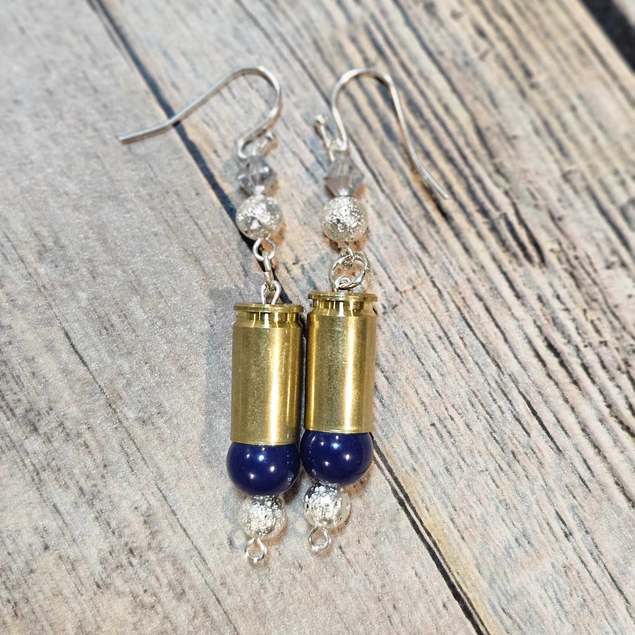 blue silver beaded earrings, ammo jewelry, navy beaded jewelry 