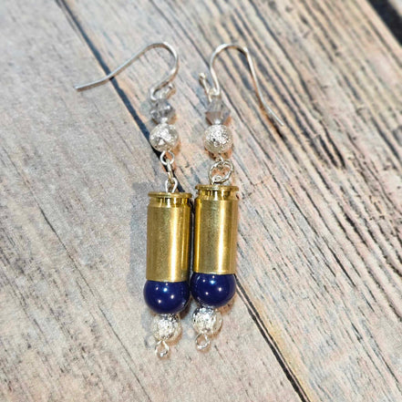 blue silver beaded earrings, ammo jewelry, navy beaded jewelry 