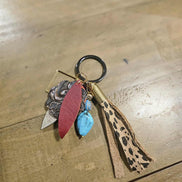 leopard leather tassel keychain, ammo keychain beaded key chain, turquoise bead key chain 