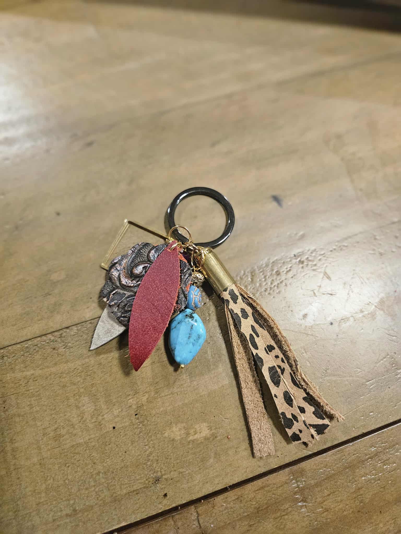 leopard leather tassel keychain, ammo keychain beaded key chain, turquoise bead key chain 