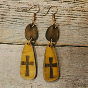 cross burned earrings, laser burned wood jewelry, handmade earrings