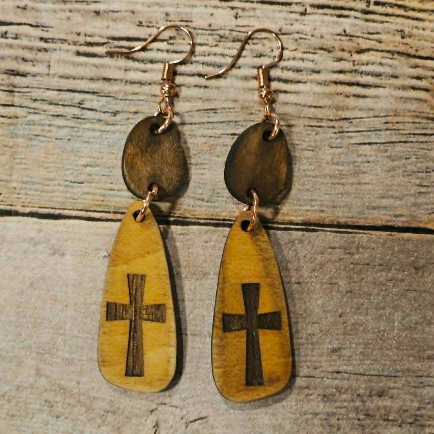cross burned earrings, laser burned wood jewelry, handmade earrings