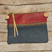 repurposed denim and red leather crossbody, vegetable leather accents, antique hardware, handmade leather crossbody bag