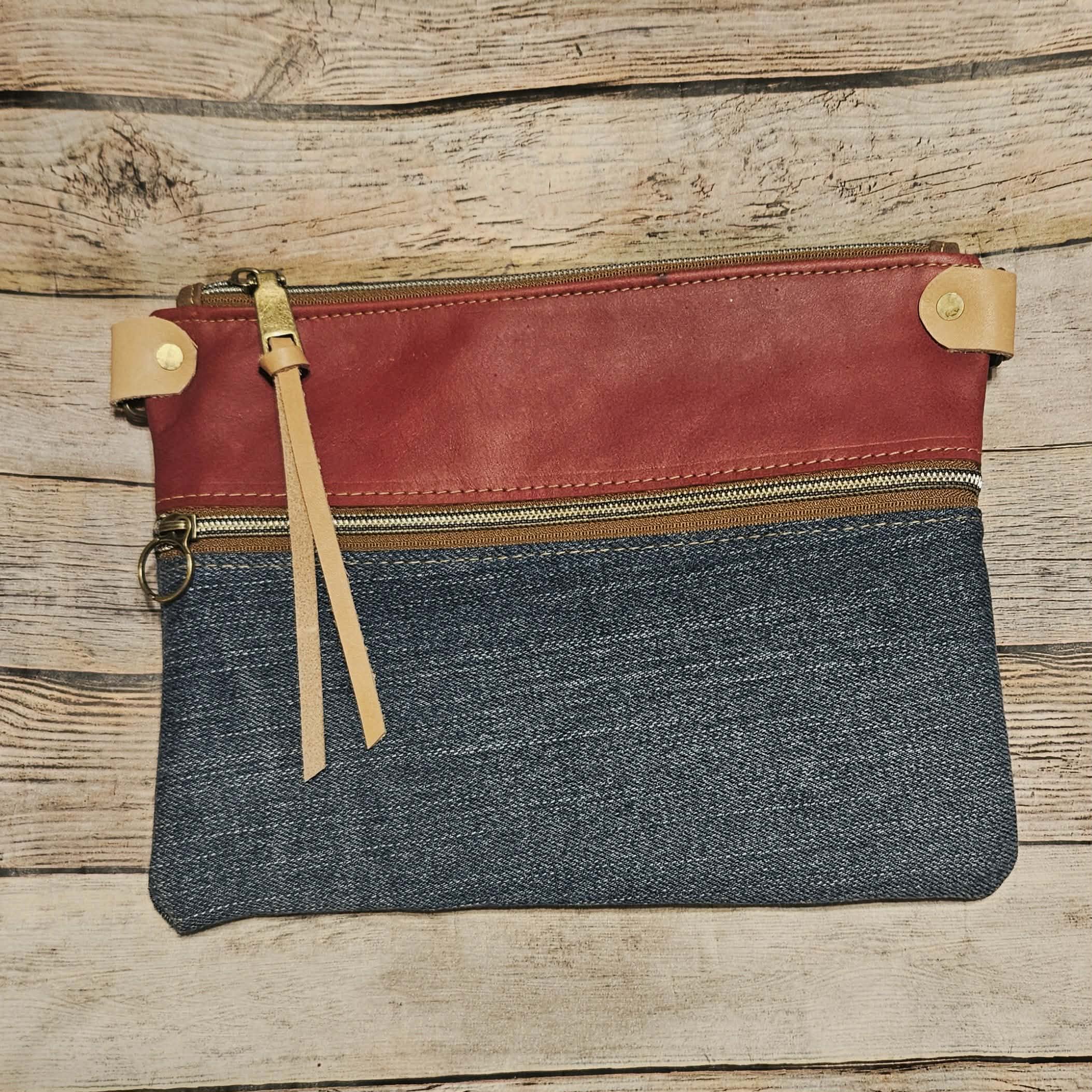 repurposed denim and red leather crossbody, vegetable leather accents, antique hardware, handmade leather crossbody bag