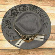 Grey Wide Brim Hat with Laser burned rose vines and Leather Flower accessories
