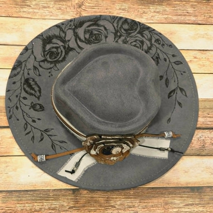 Grey Wide Brim Hat with Laser burned rose vines and Leather Flower accessories