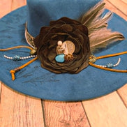 Teal Wide Brim Heart Hat with Laser burned floral design