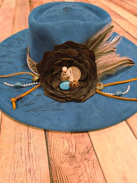 Teal Wide Brim Heart Hat with Laser burned floral design