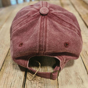 maroon cap, denim 