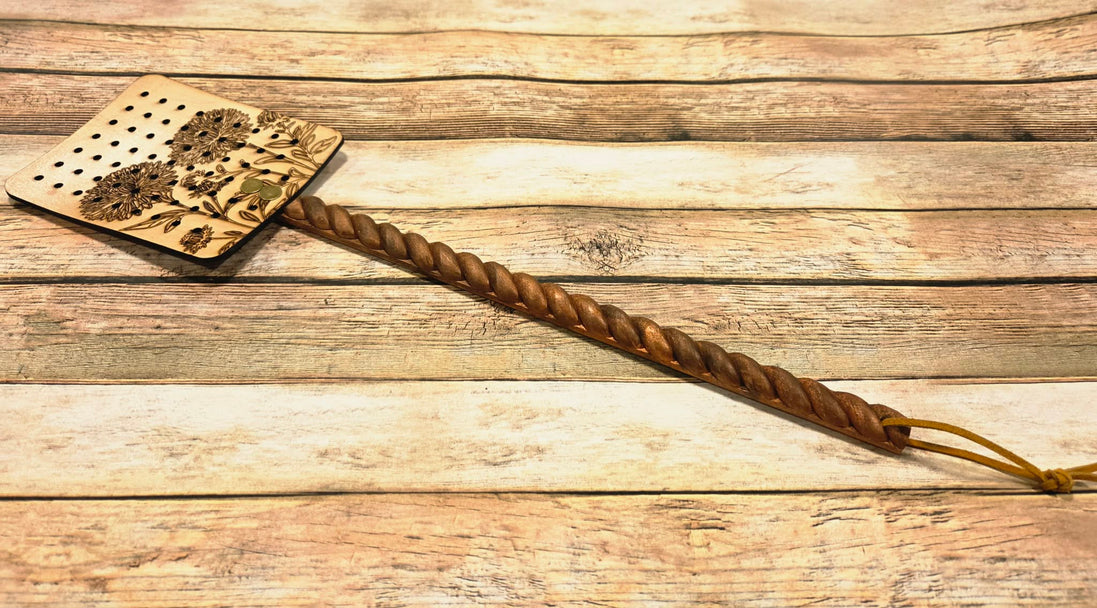 Handcrafted Leather Flyswatter with Floral Burned Design and Wooden Handle
