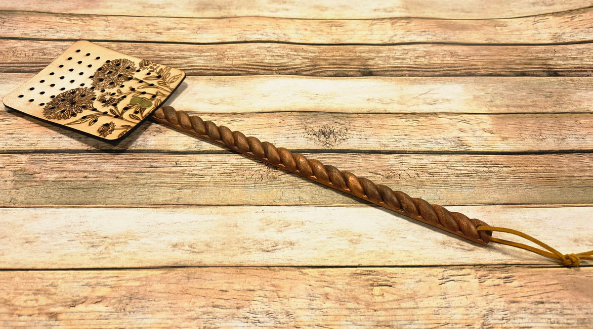 Handcrafted Leather Flyswatter with Floral Burned Design and Wooden Handle
