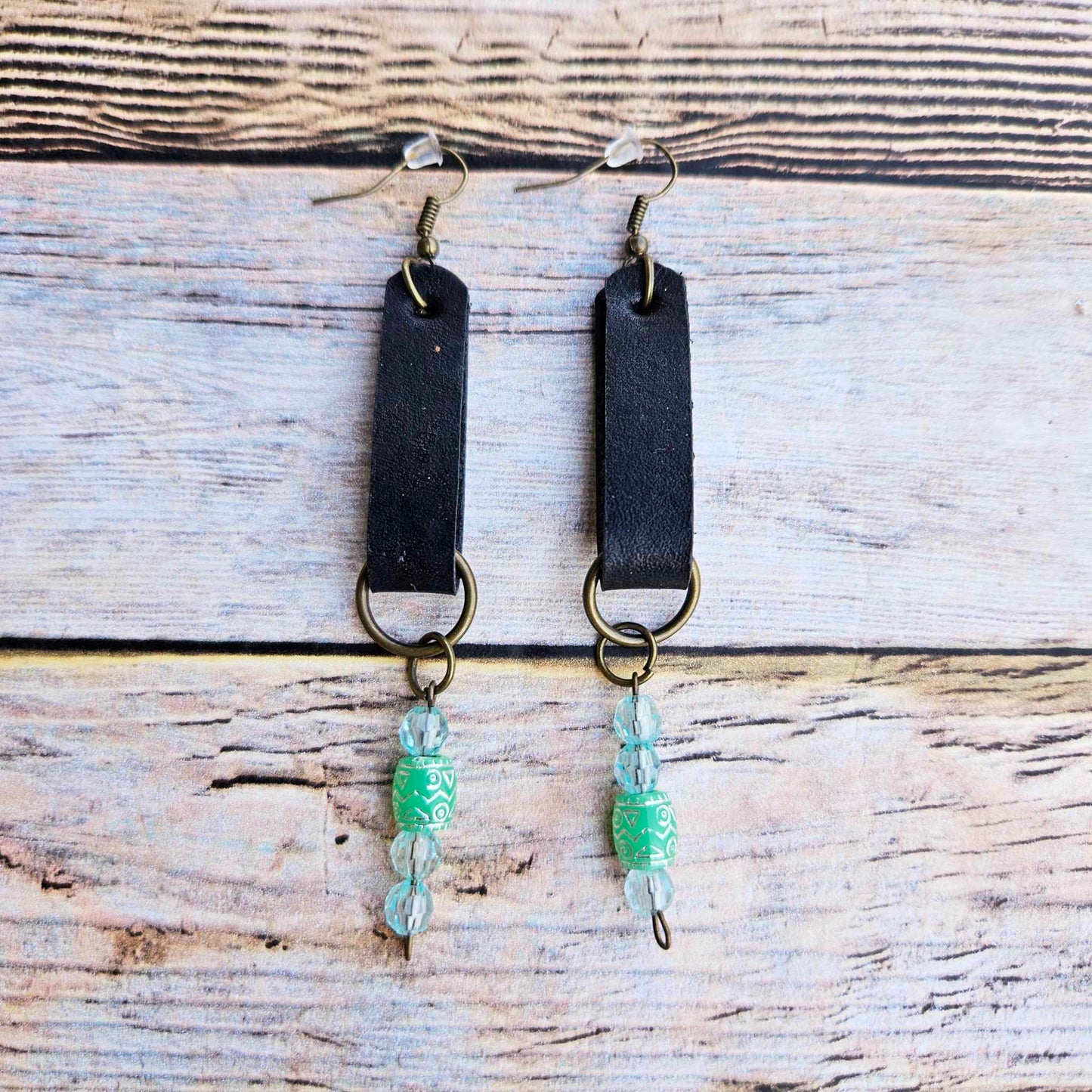 Antique gold earrings, black leather earrings, crystal bead jewelry, handmade jewelry