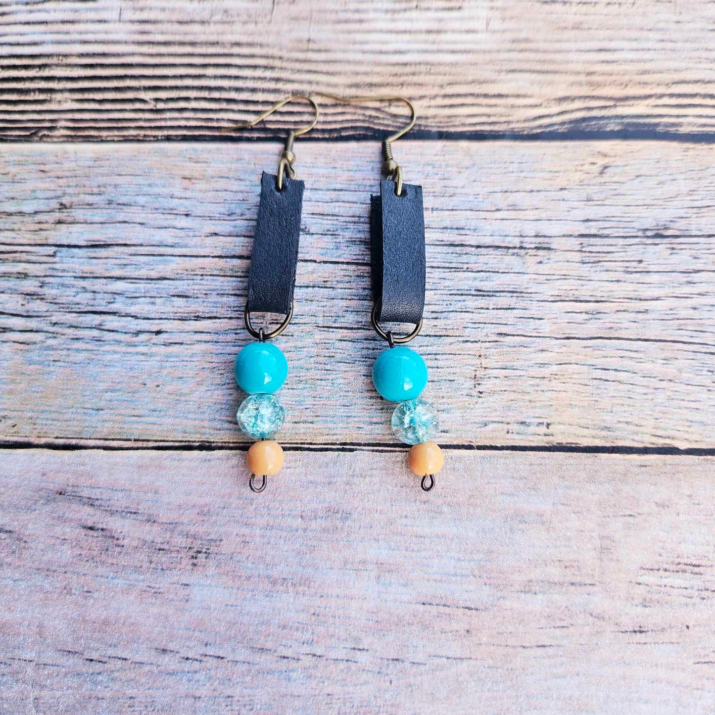 antique gold, black leather, turquoise beads, handmade earrings  