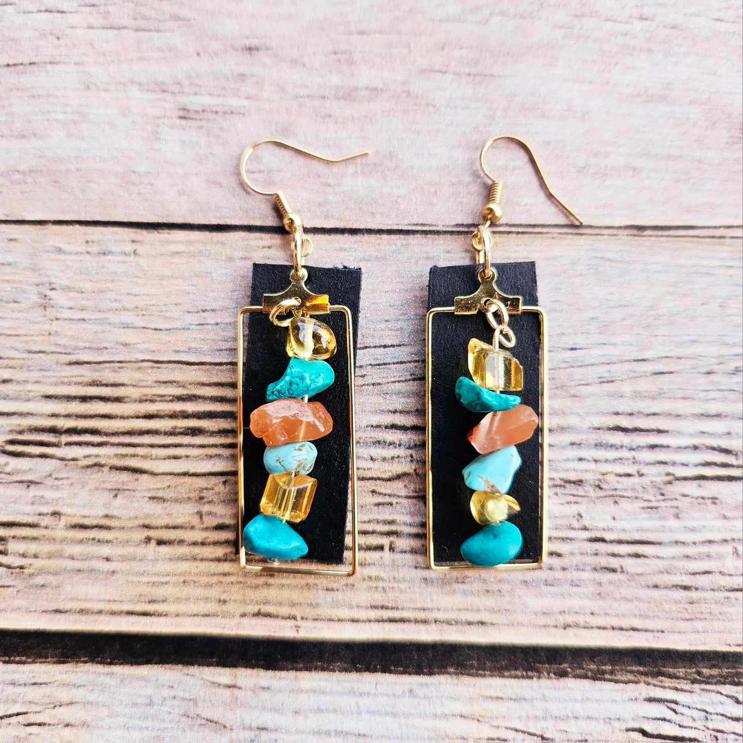 gold earrings, black leather earrings, rock beaded earrings, handmade jewelry, rectangle shape