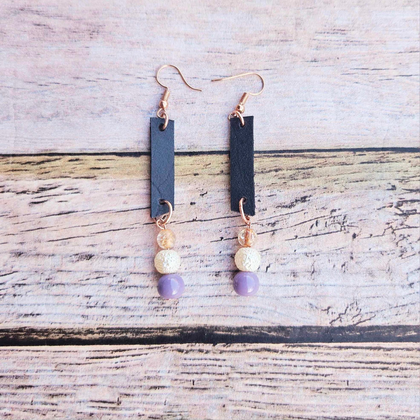 rose gold earrings, black leather earrings, handmade earrings