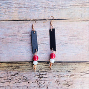 rose gold earrings, black leather earrings, red and white beads, handmade jewelry 