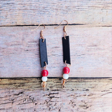 rose gold earrings, black leather earrings, red and white beads, handmade jewelry 