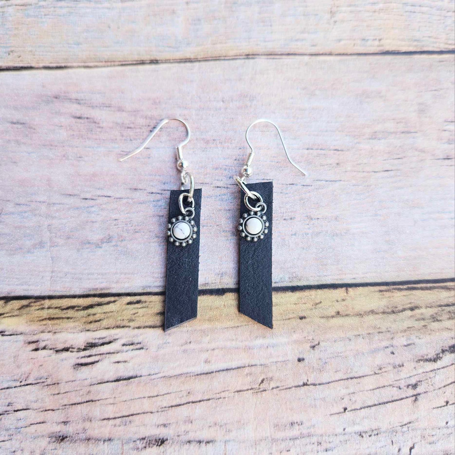 silver earrings, black leather earrings, silver charm earrings, handmade earrings