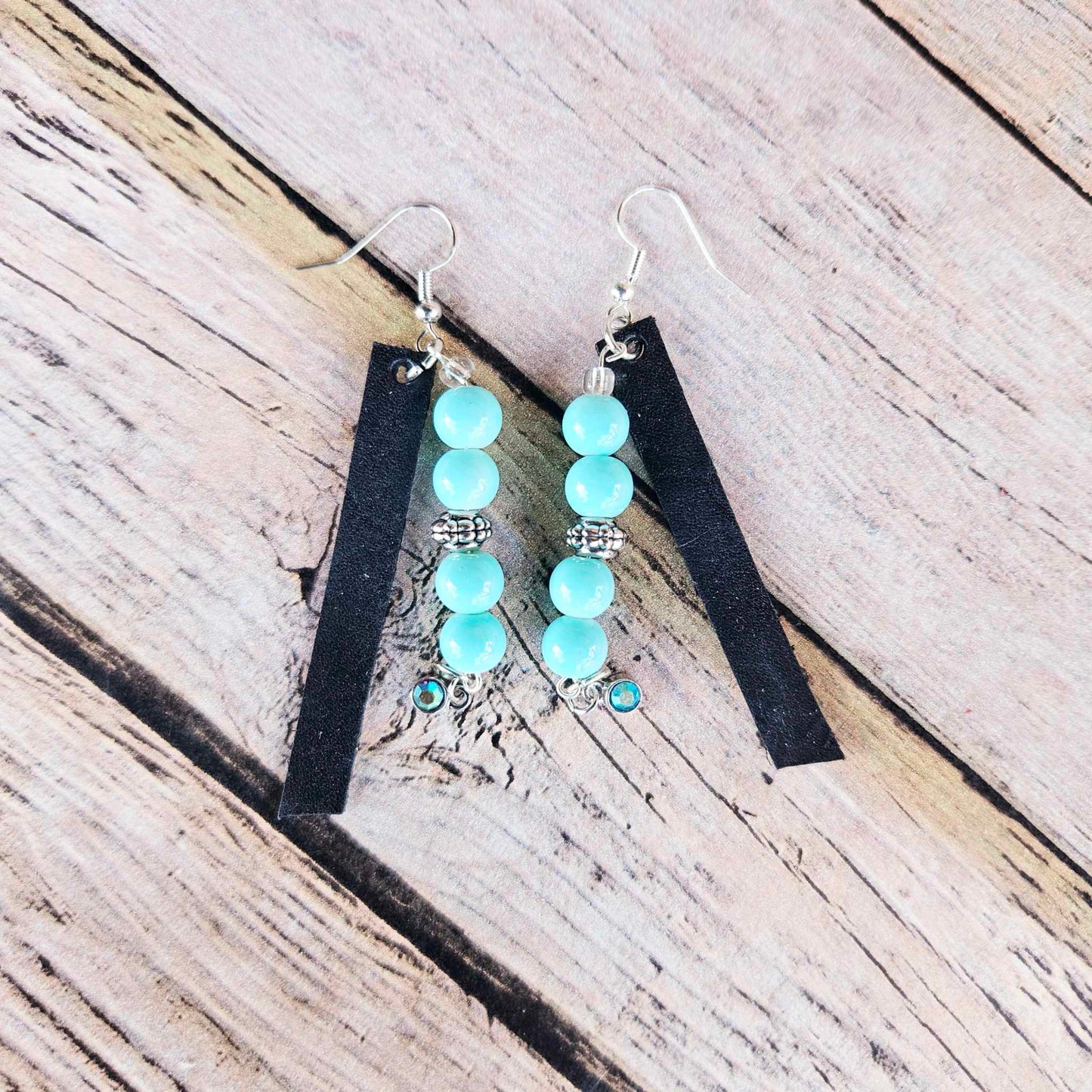 black leather earrings, aqua blue beads, silver earrings, handmade jewelry