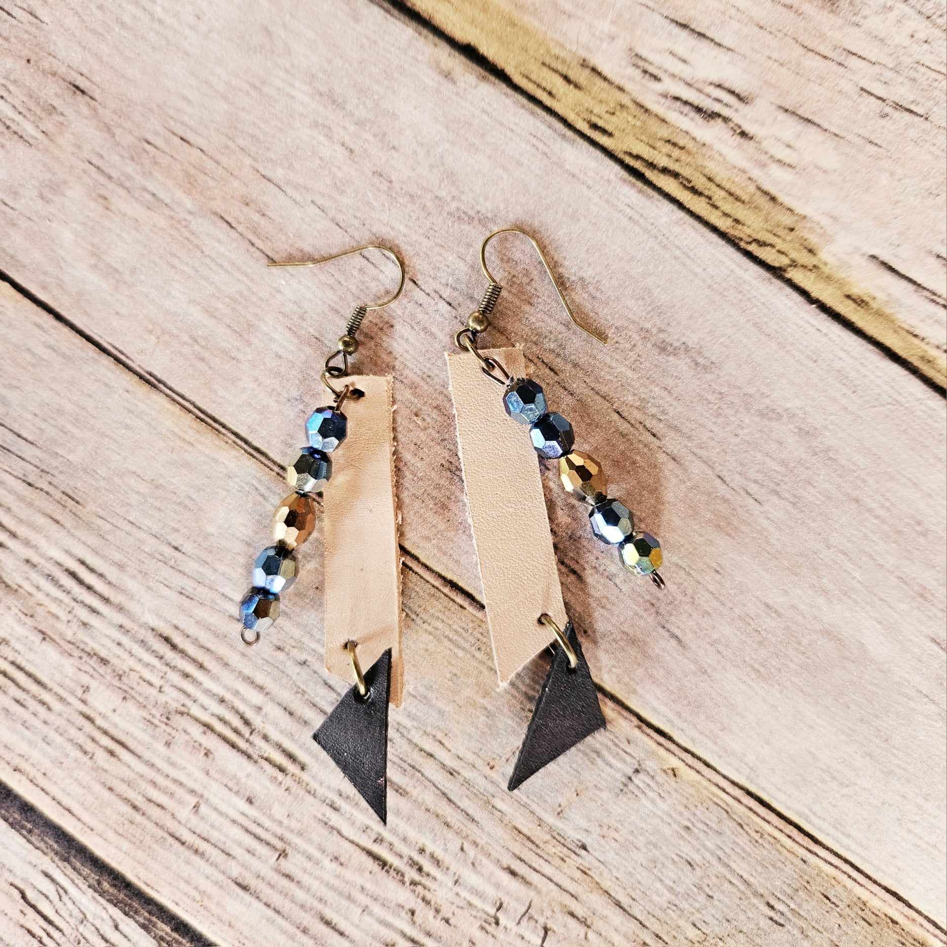 vegetable tan leather jewelry, black leather triangle earrings, copper beads, multicolored beaded jewelry, handmade jewelry