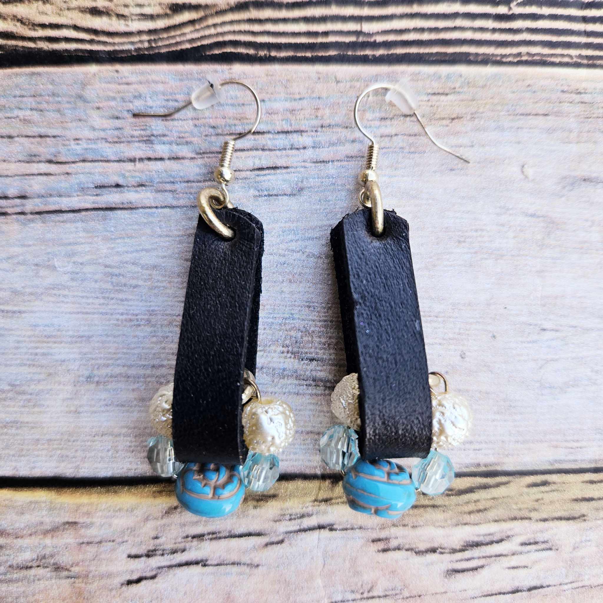 gold earrings, black leather earrings, turquoise beads, pearl bead, handmade jewelry 