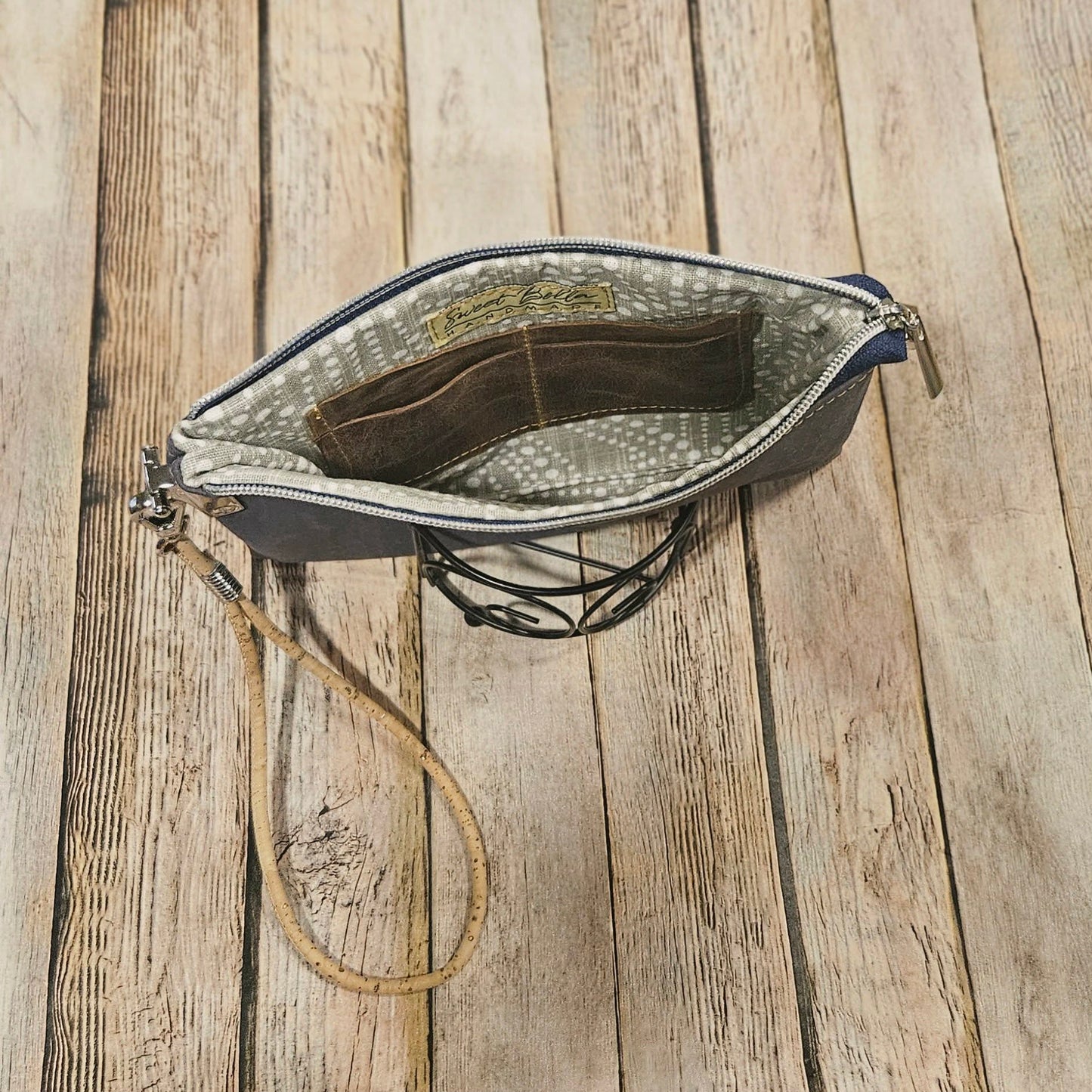 cork leather wristlet, leather cardholder, dusty blue wristlet, blue cork leather, cork leather, handmade clutch