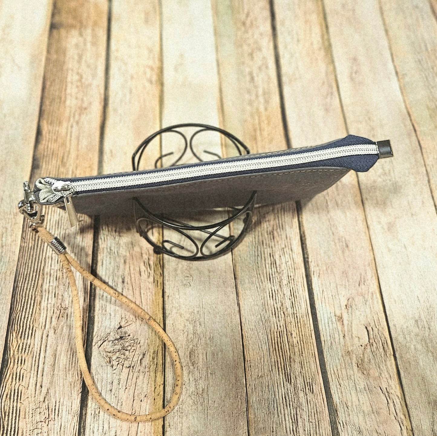 silver hardware, cork leather clutch, blue gray wristlet, handmade cork leather wristlet, wristlet