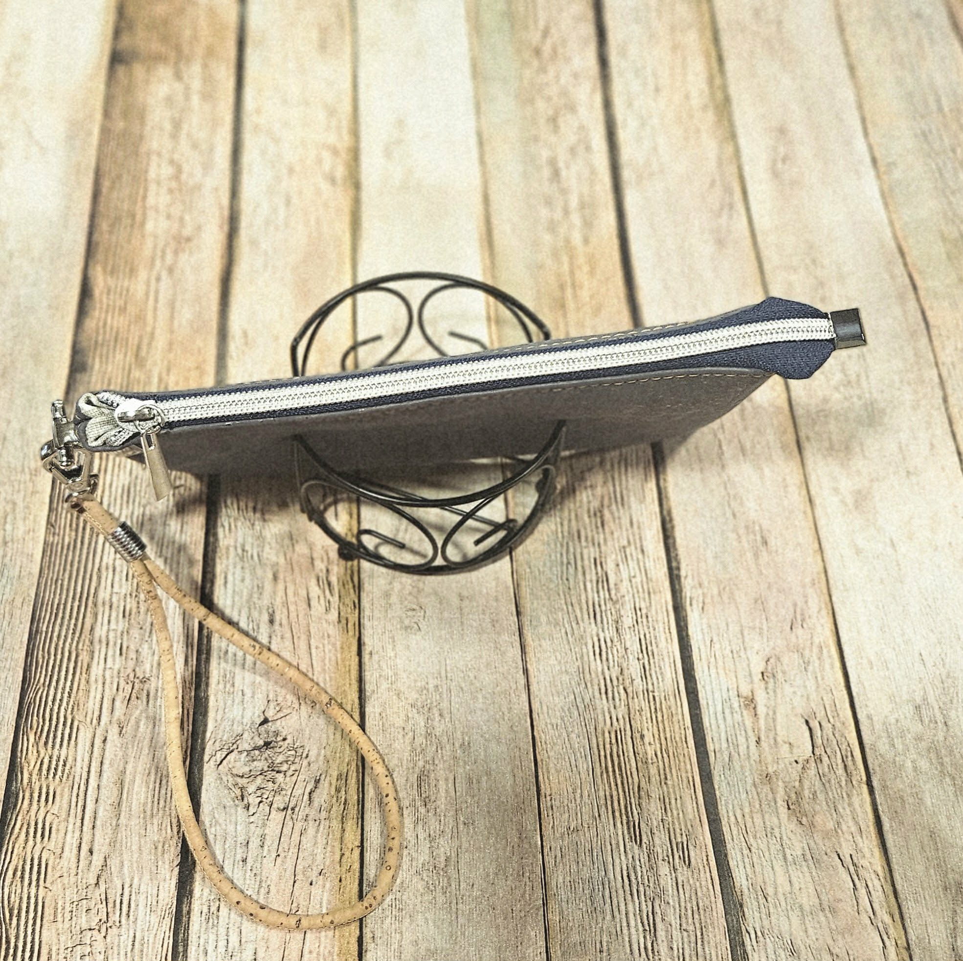 silver hardware, cork leather clutch, blue gray wristlet, handmade cork leather wristlet, wristlet