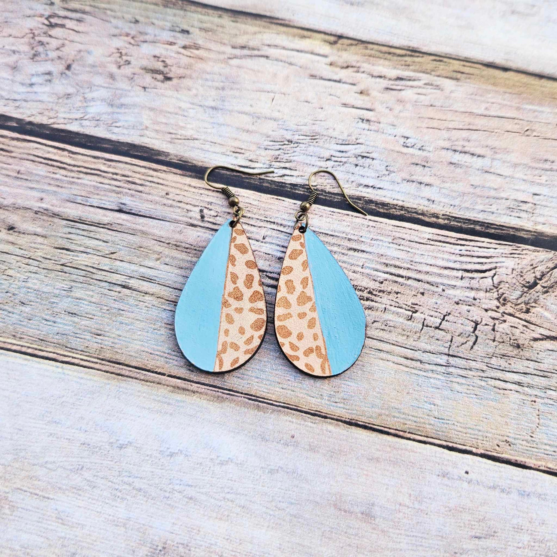 laser burned, leopard, earrings, tear drop, leather jewelry, blue earrings