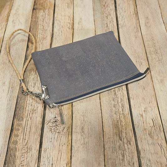 dusty blue clutch, cork leather wristlet, handmade clutch, silver hardware, clutch wristlet