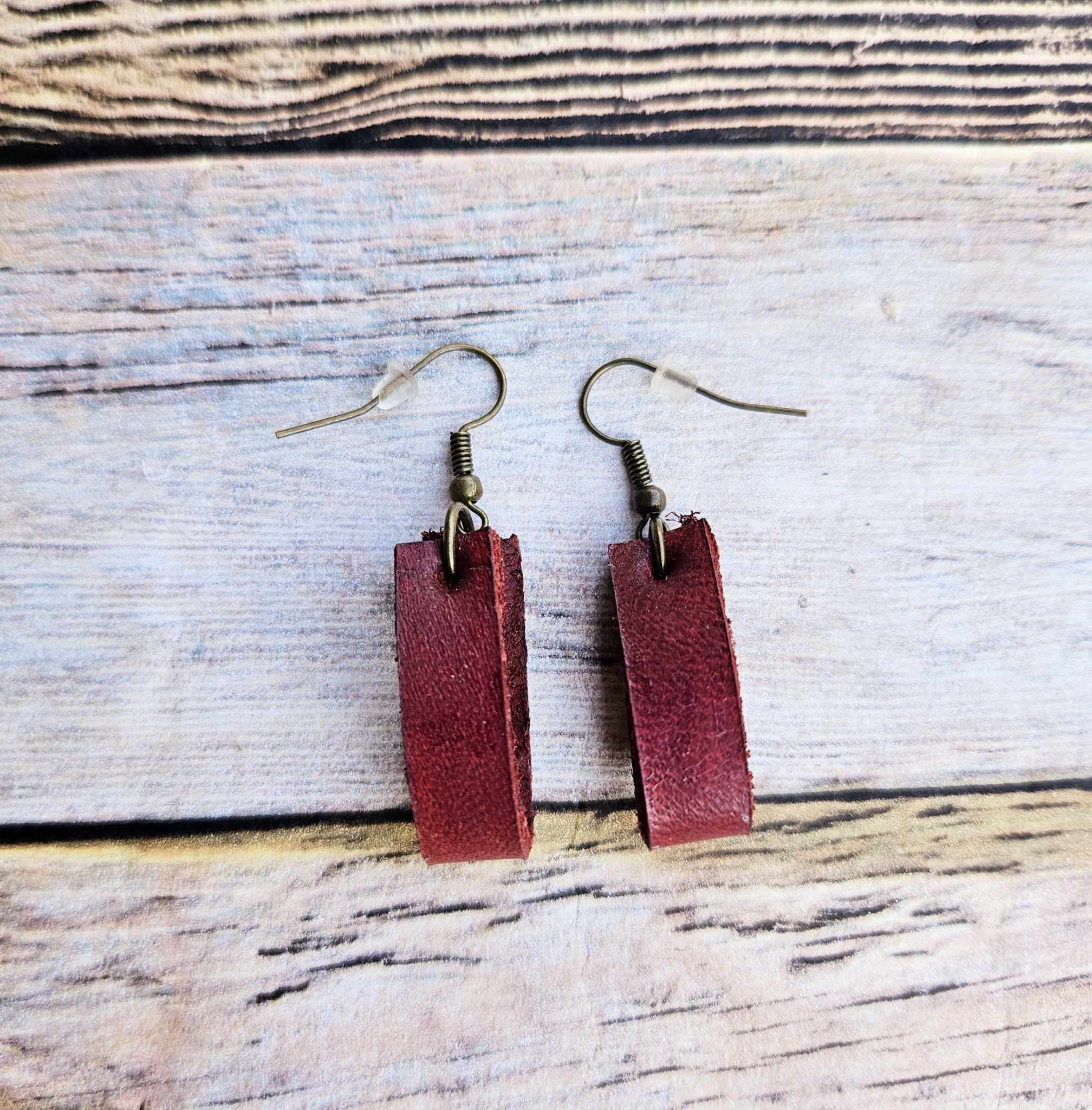 Handcrafted Teal & Brick Red Leather Dangle Earrings with Beads