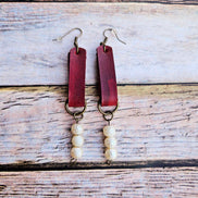 Handcrafted Red Hand-Dyed Leather Fringe Earrings with Pearl Beads