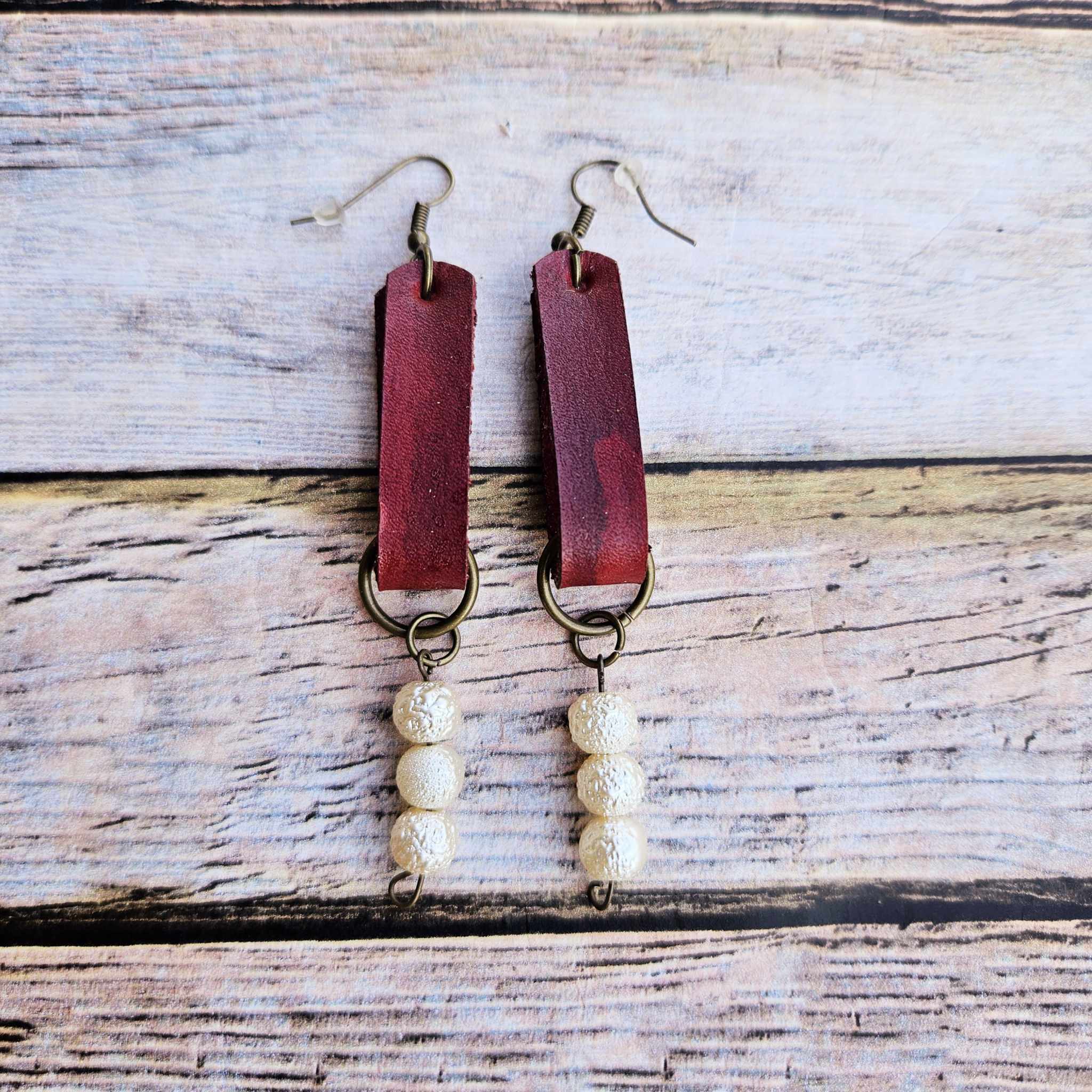 Handcrafted Red Hand-Dyed Leather Fringe Earrings with Pearl Beads